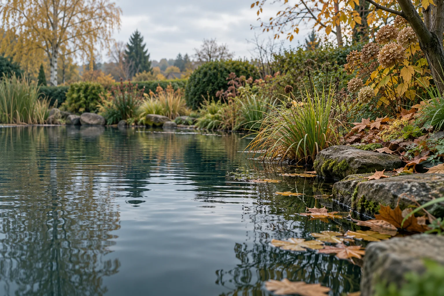 Gartenteich mit herbstlichen Gräsern und Laub am Ufer