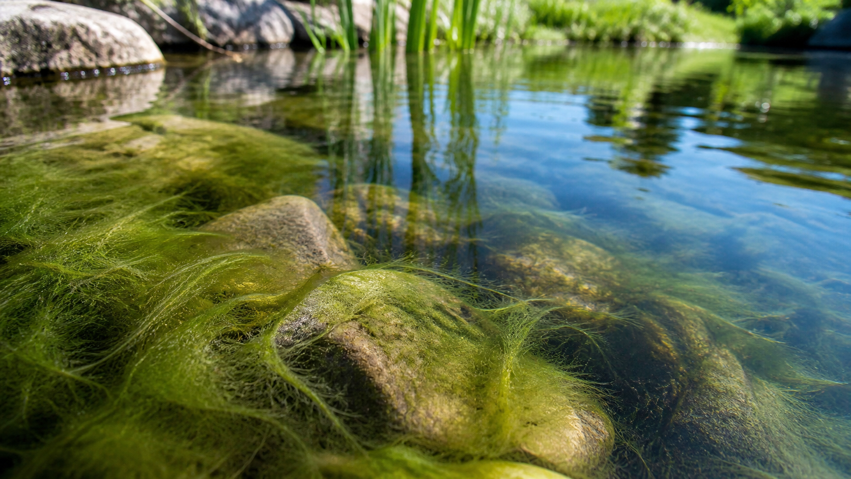 Illustrative Aufnahme grüner Fadenalgen an Steinen im Teich