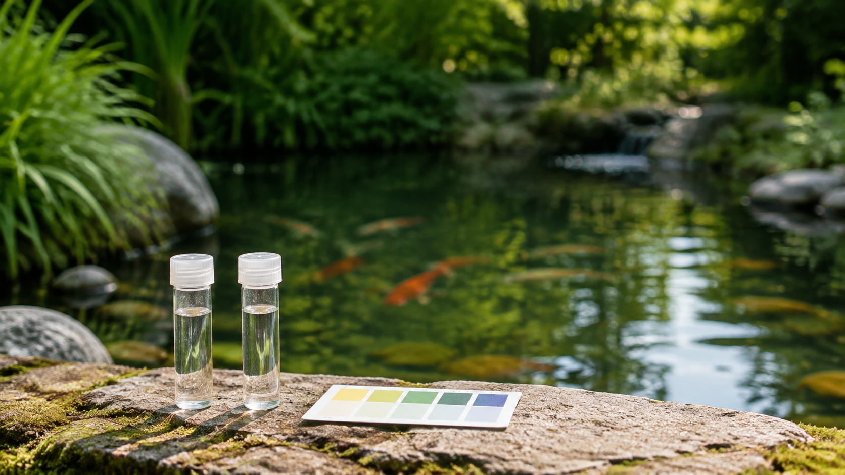Illustrative Wasserproben und Farbkarte am Rand eines Gartenteichs